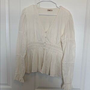 Faherty Cream V-Neck Blouse with Button Accents